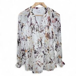 CAbi Top Womens Medium White Purple Chiffon Abstract Floral V Neck Blouse 3694